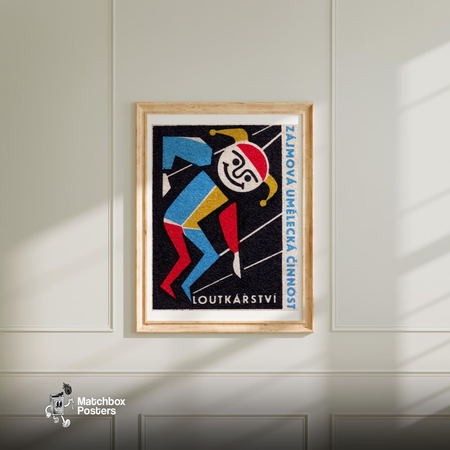 Jester Puppet - vintage matchbox label print - bedroom mockup