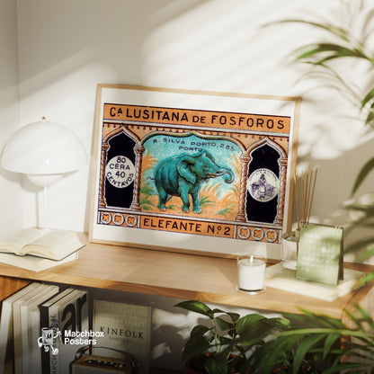 Green Elephant - vintage matchbox label print - office wall
