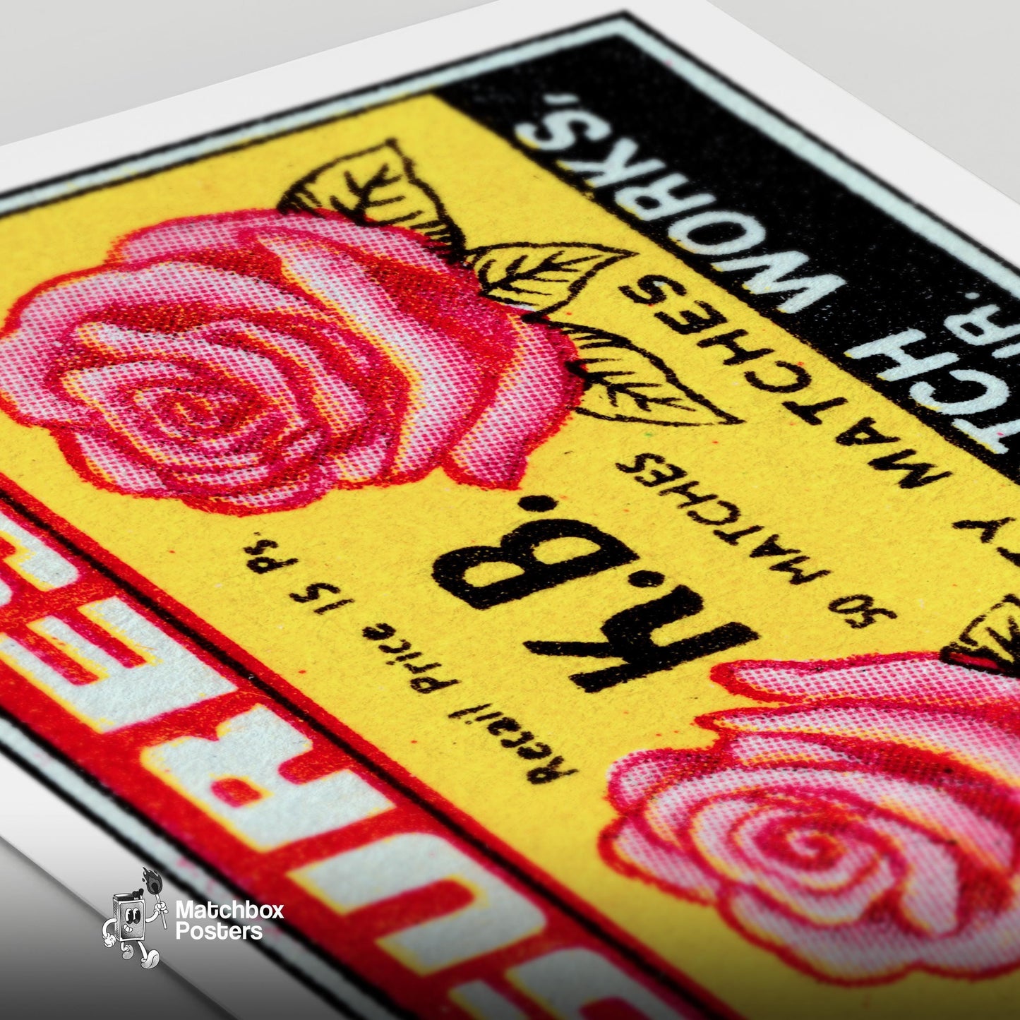 Two Pink Roses - vintage matchbox label print - close-up detail