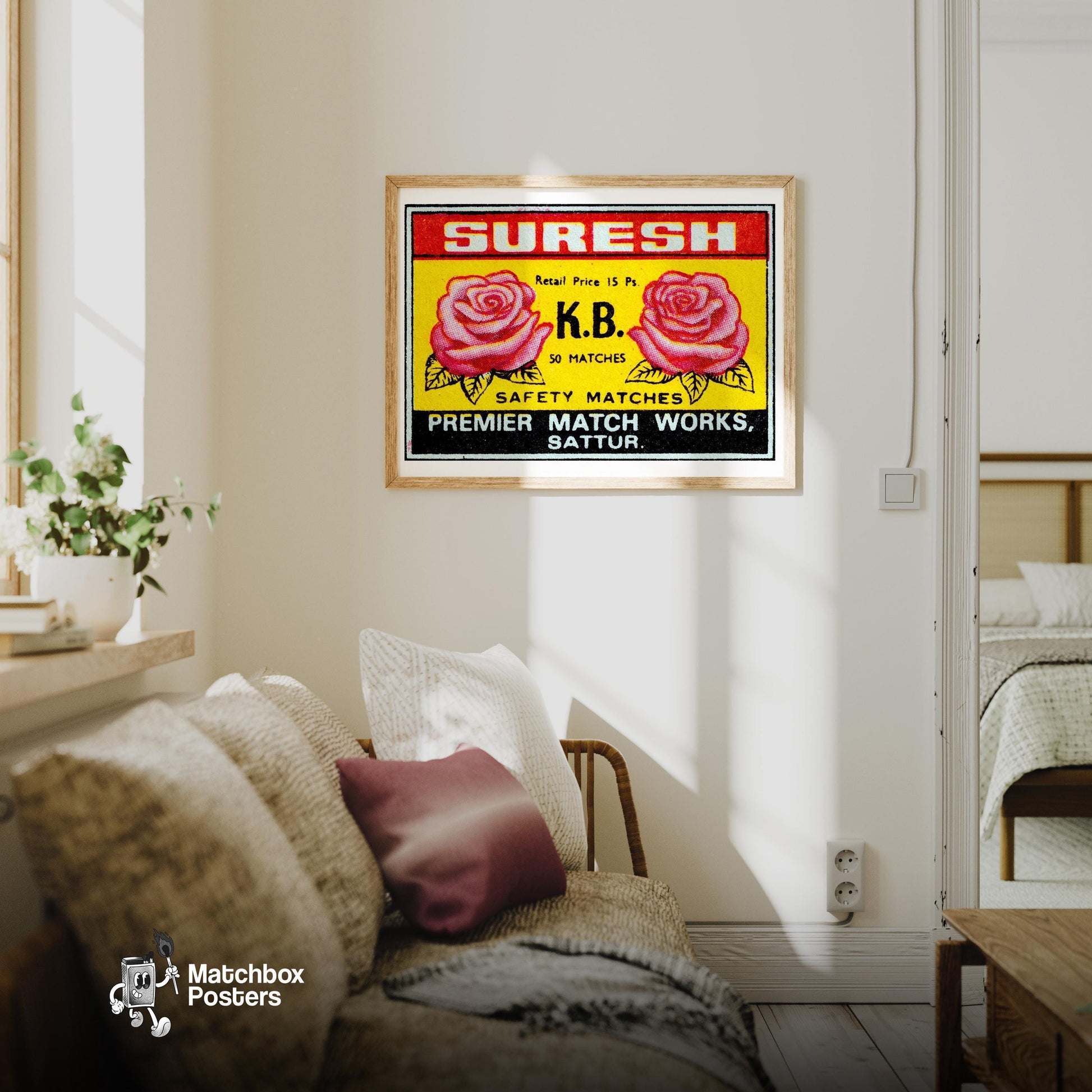 Two Pink Roses - vintage matchbox label print - living room mockup