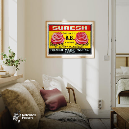 Two Pink Roses - vintage matchbox label print - living room mockup