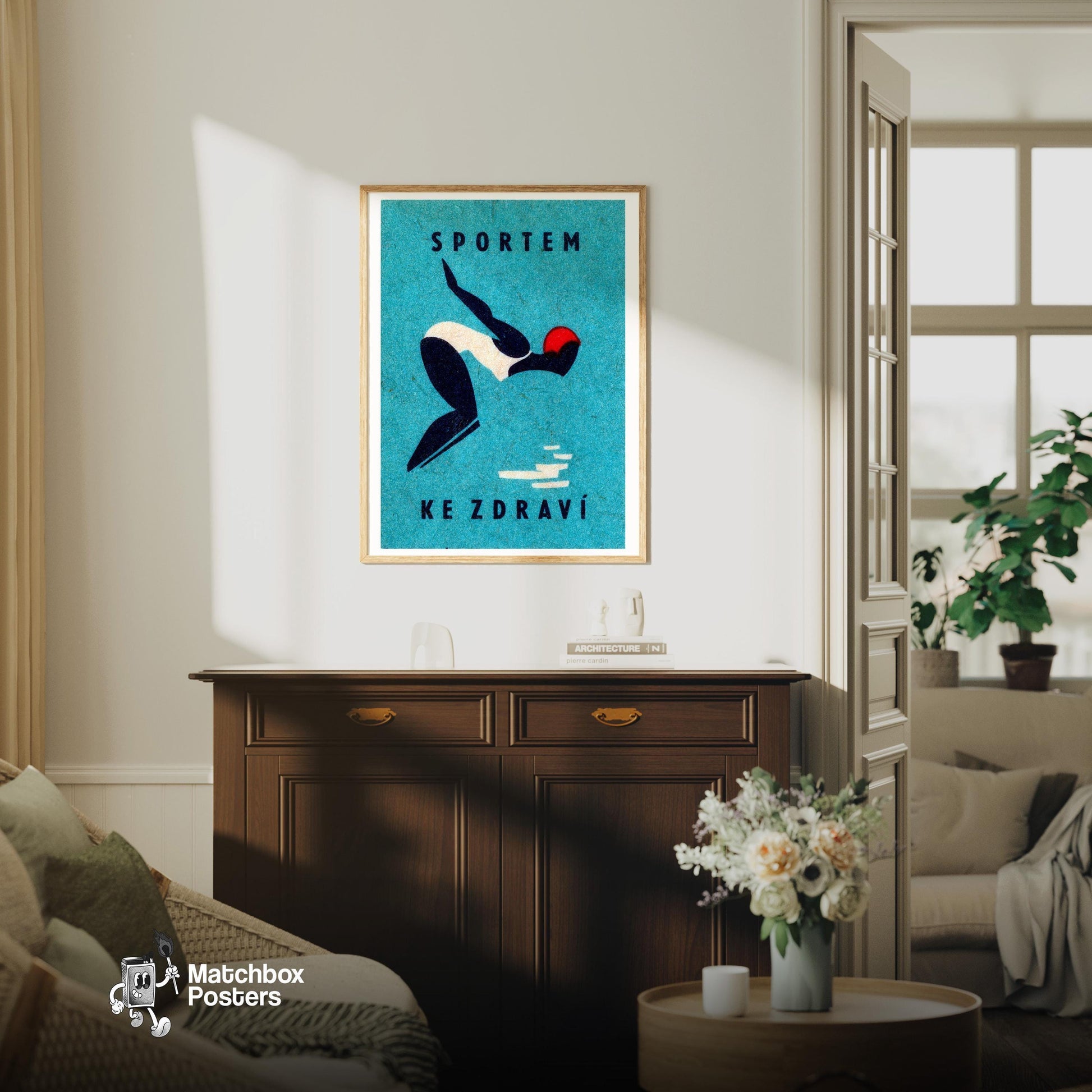 Diver - vintage matchbox label print - living room mockup