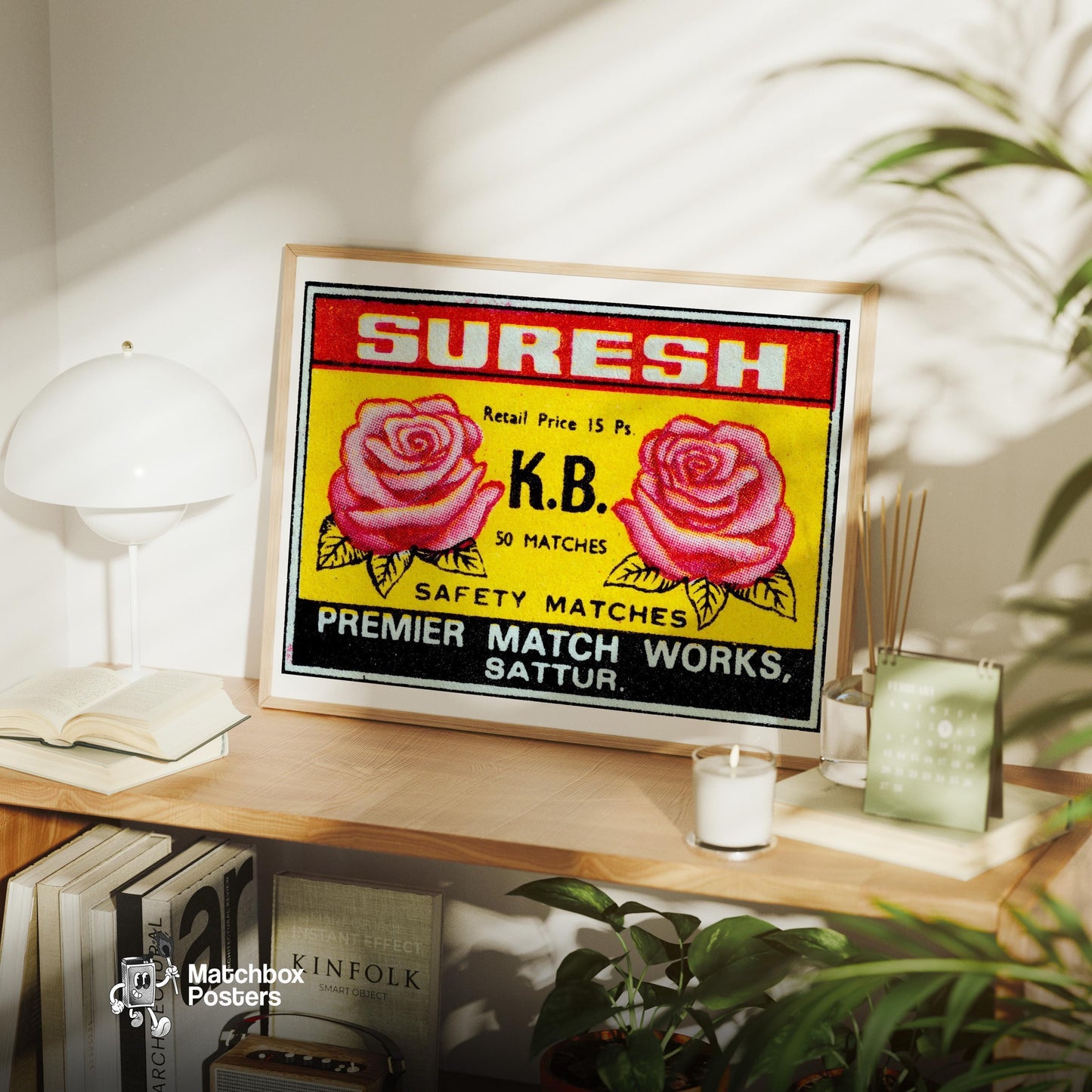 Two Pink Roses - vintage matchbox label print - office wall