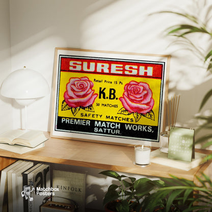 Two Pink Roses - vintage matchbox label print - office wall