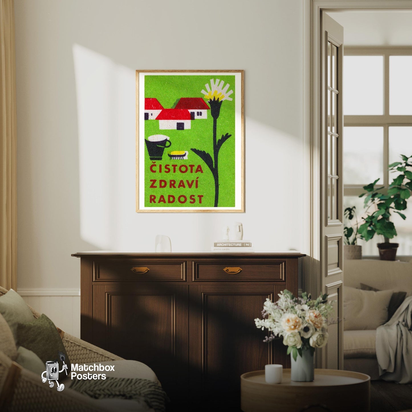 House & Cleaning Items - vintage matchbox label print - living room mockup