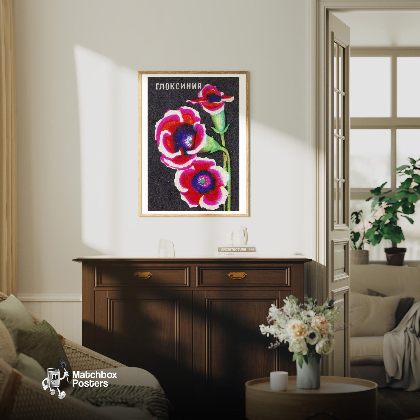 Colorful Gloxinia Flowers - vintage matchbox label print - living room mockup