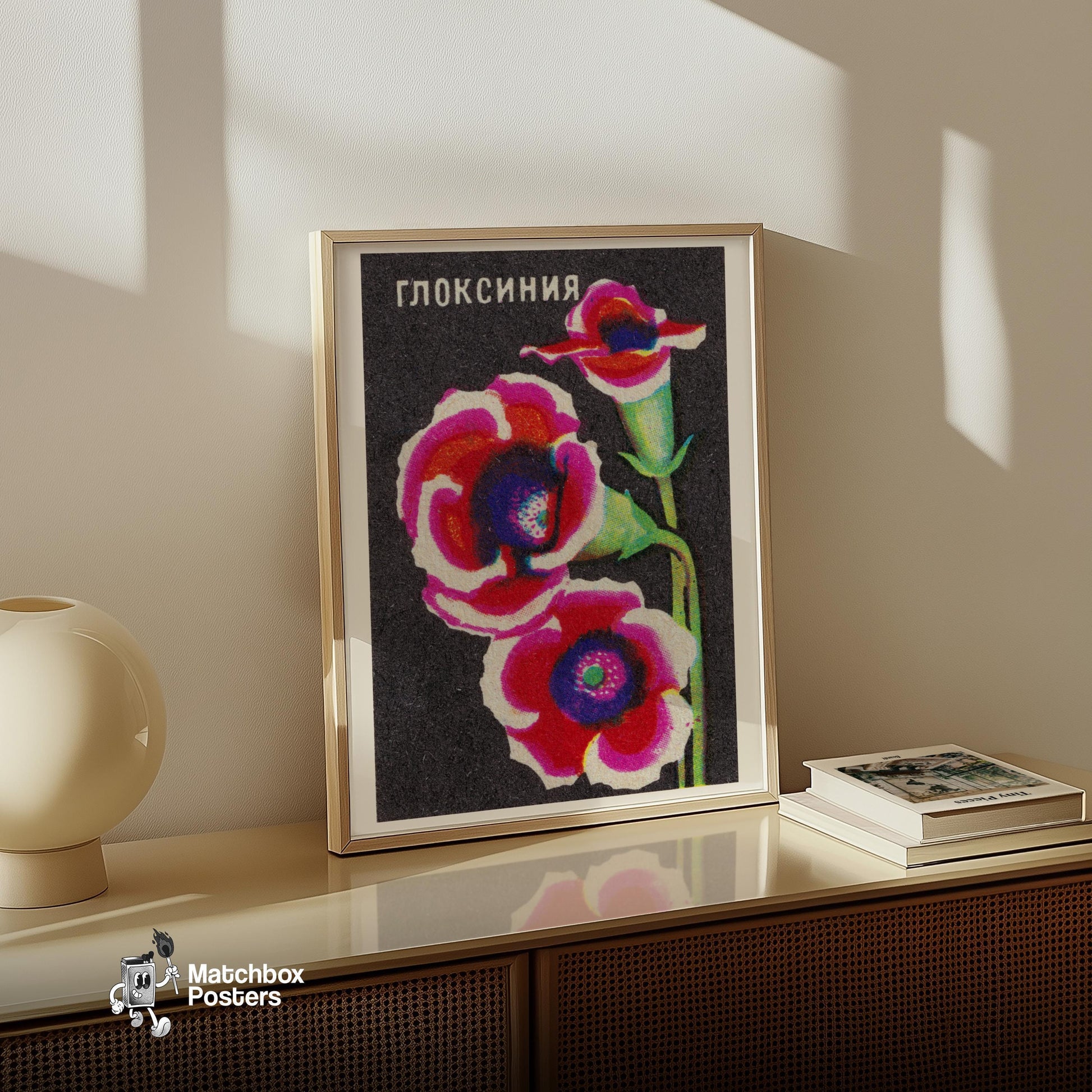 Colorful Gloxinia Flowers - vintage matchbox label print - size comparison