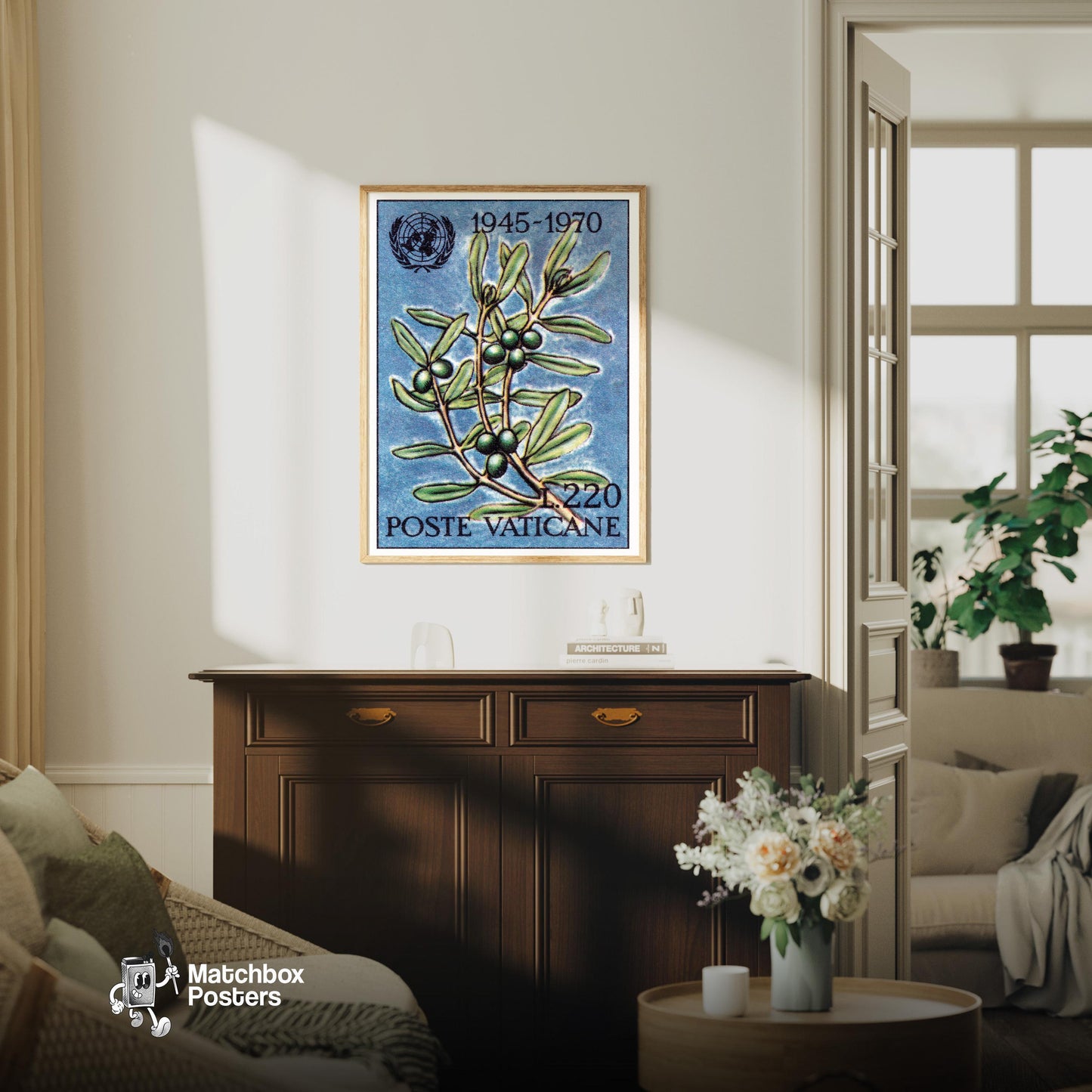 Olive Branch - vintage matchbox label print - living room mockup