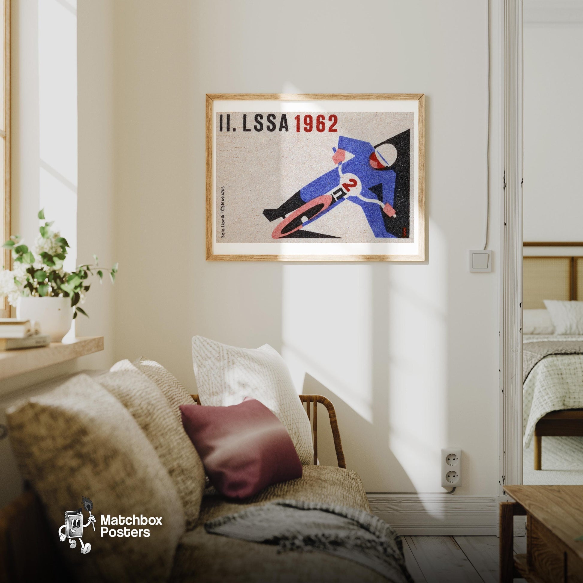 Motorcycle Racer - vintage matchbox label print - living room mockup