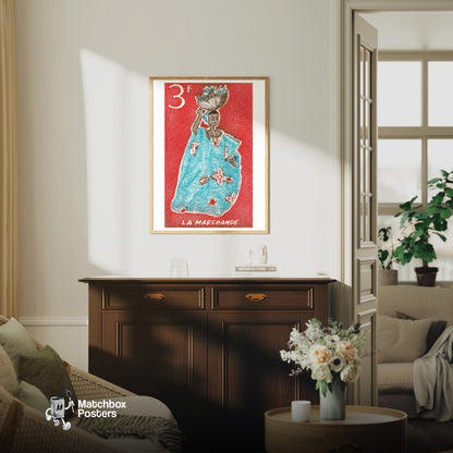 Woman with Bowl - vintage matchbox label print - living room mockup