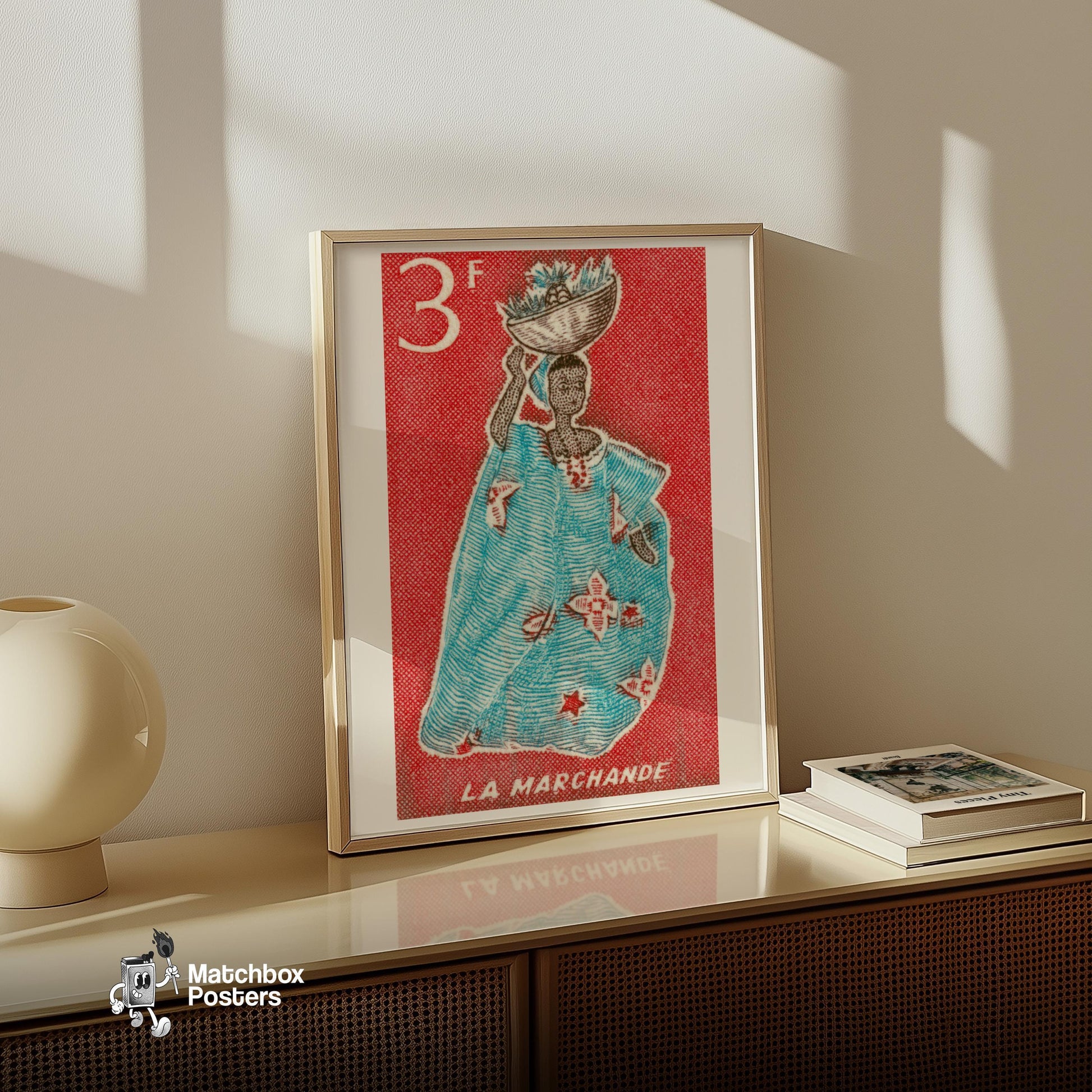 Woman with Bowl - vintage matchbox label print - size comparison