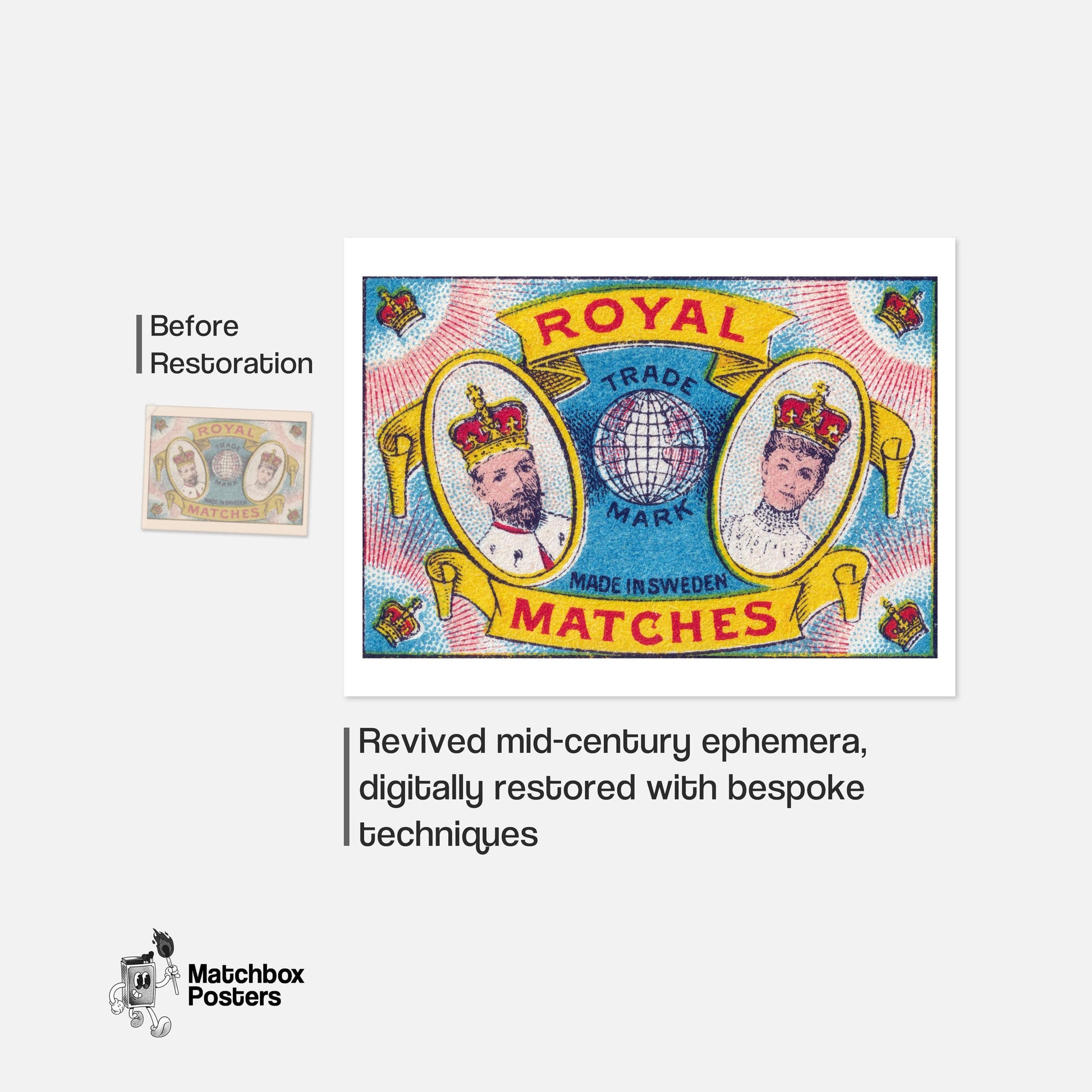 Royal Couple - vintage matchbox label print - framed wall art preview