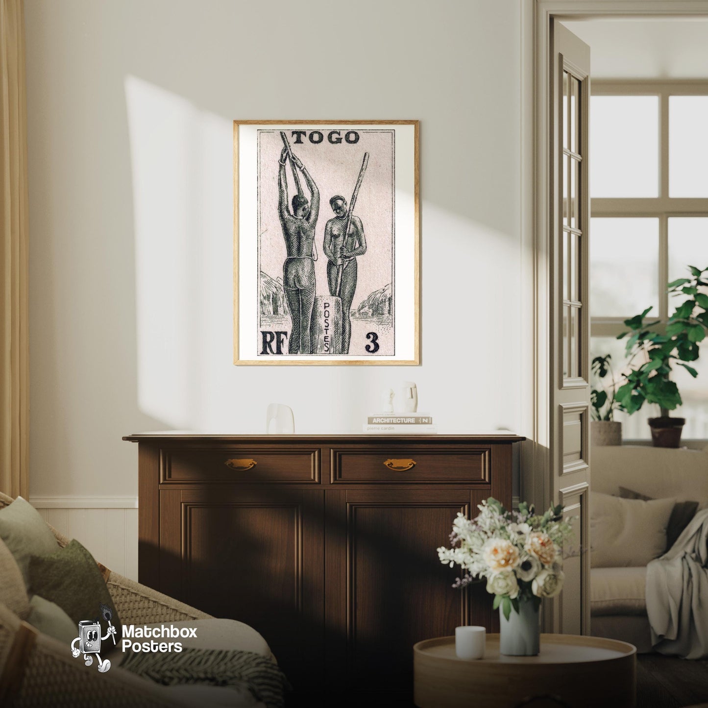 Pounding Grain - vintage matchbox label print - living room mockup