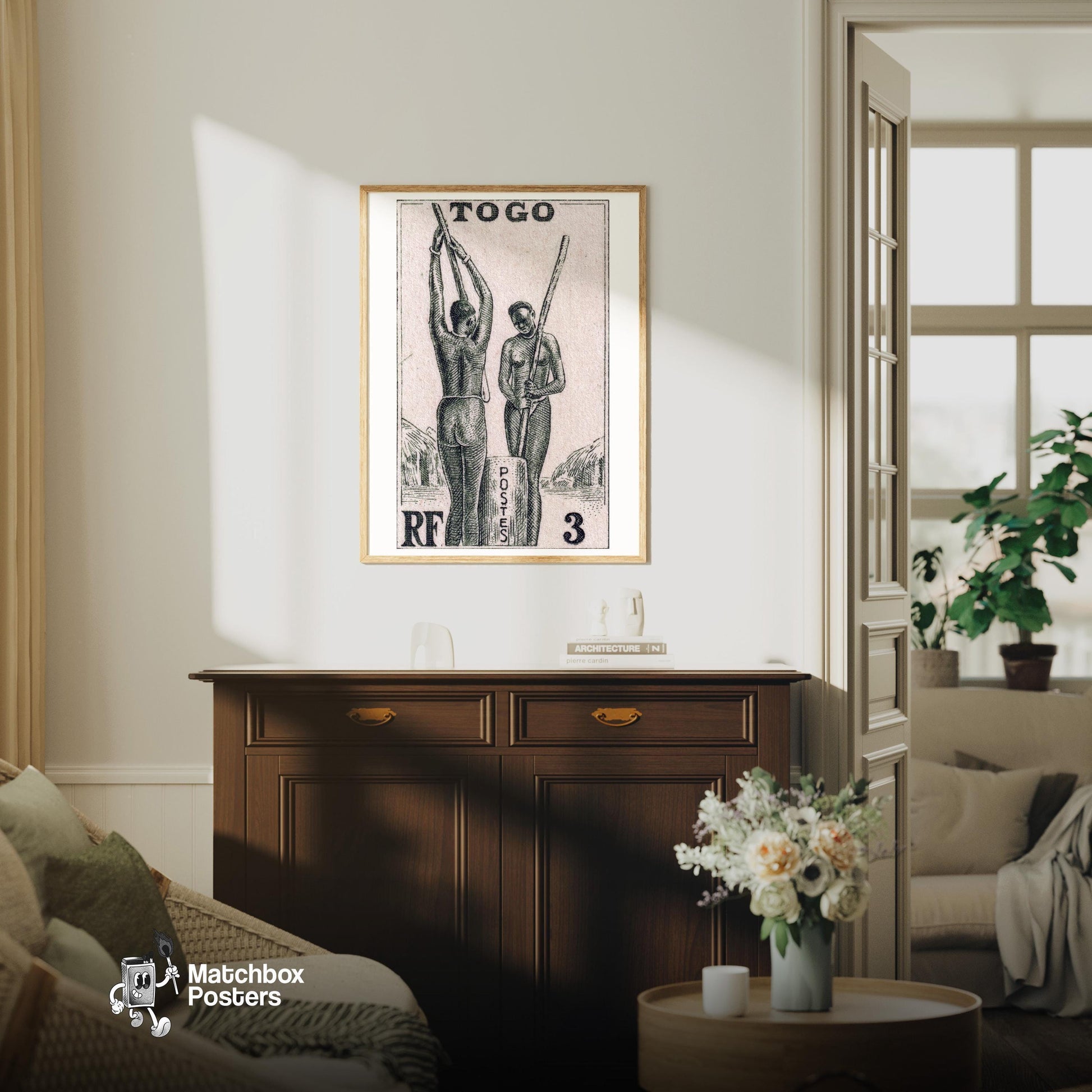 Pounding Grain - vintage matchbox label print - living room mockup