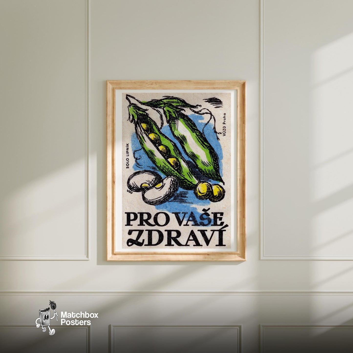 Green Peas - vintage matchbox label print - bedroom mockup