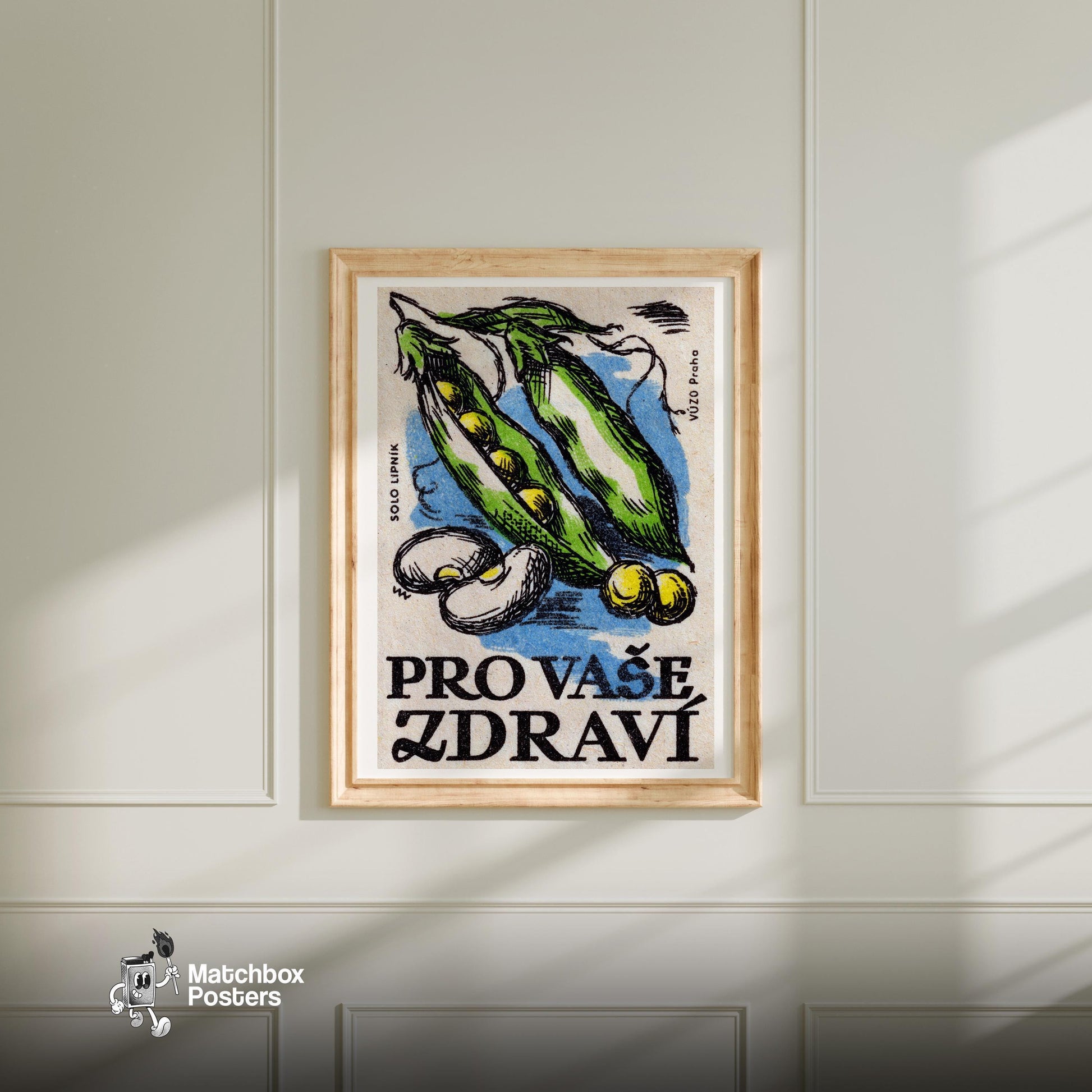 Green Peas - vintage matchbox label print - bedroom mockup