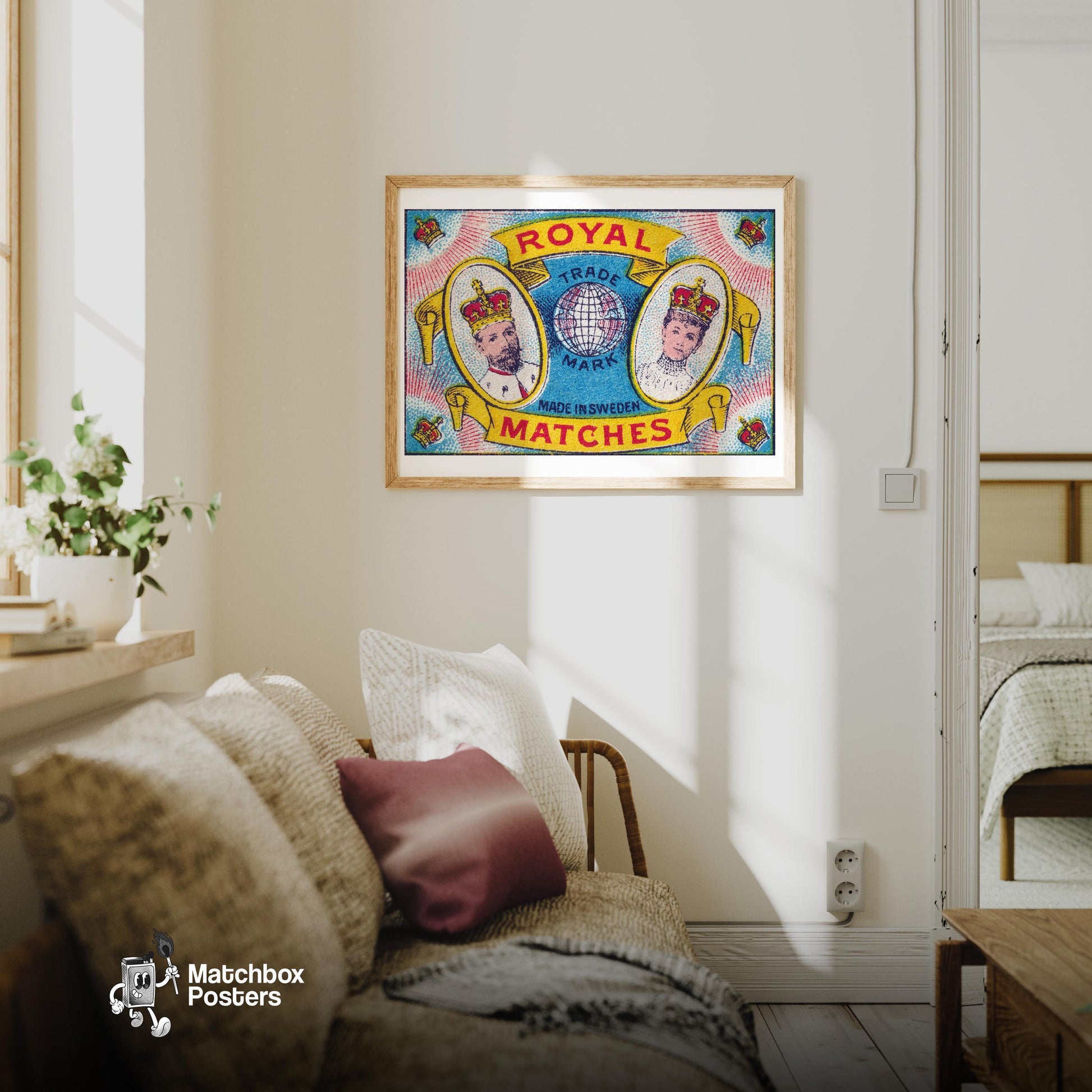 Royal Couple - vintage matchbox label print - living room mockup