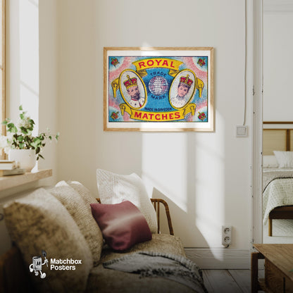 Royal Couple - vintage matchbox label print - living room mockup