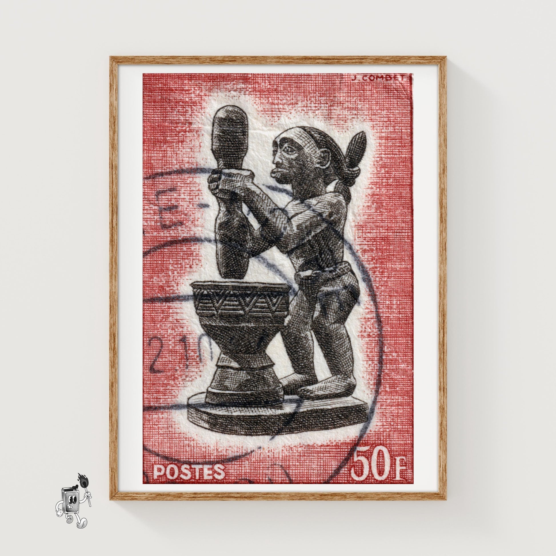 African Statue Holding A Drum - vintage matchbox label print