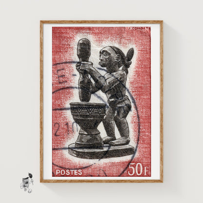African Statue Holding A Drum - vintage matchbox label print