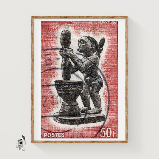 African Statue Holding A Drum - vintage matchbox label print