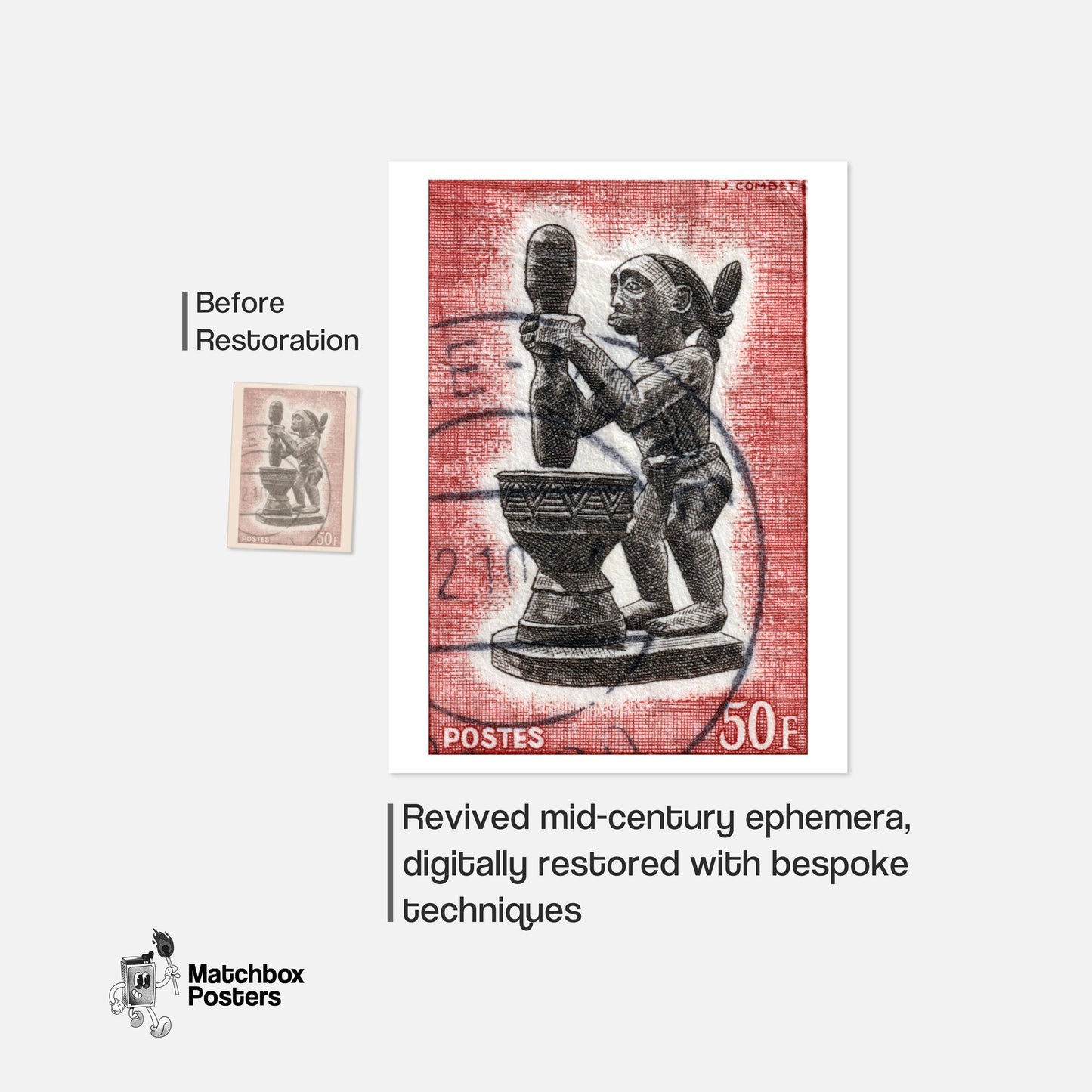 African Statue Holding A Drum - vintage matchbox label print - framed wall art preview