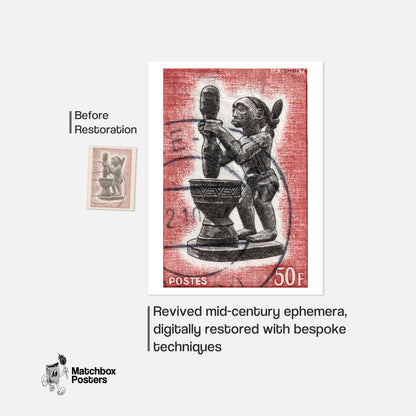 African Statue Holding A Drum - vintage matchbox label print - framed wall art preview