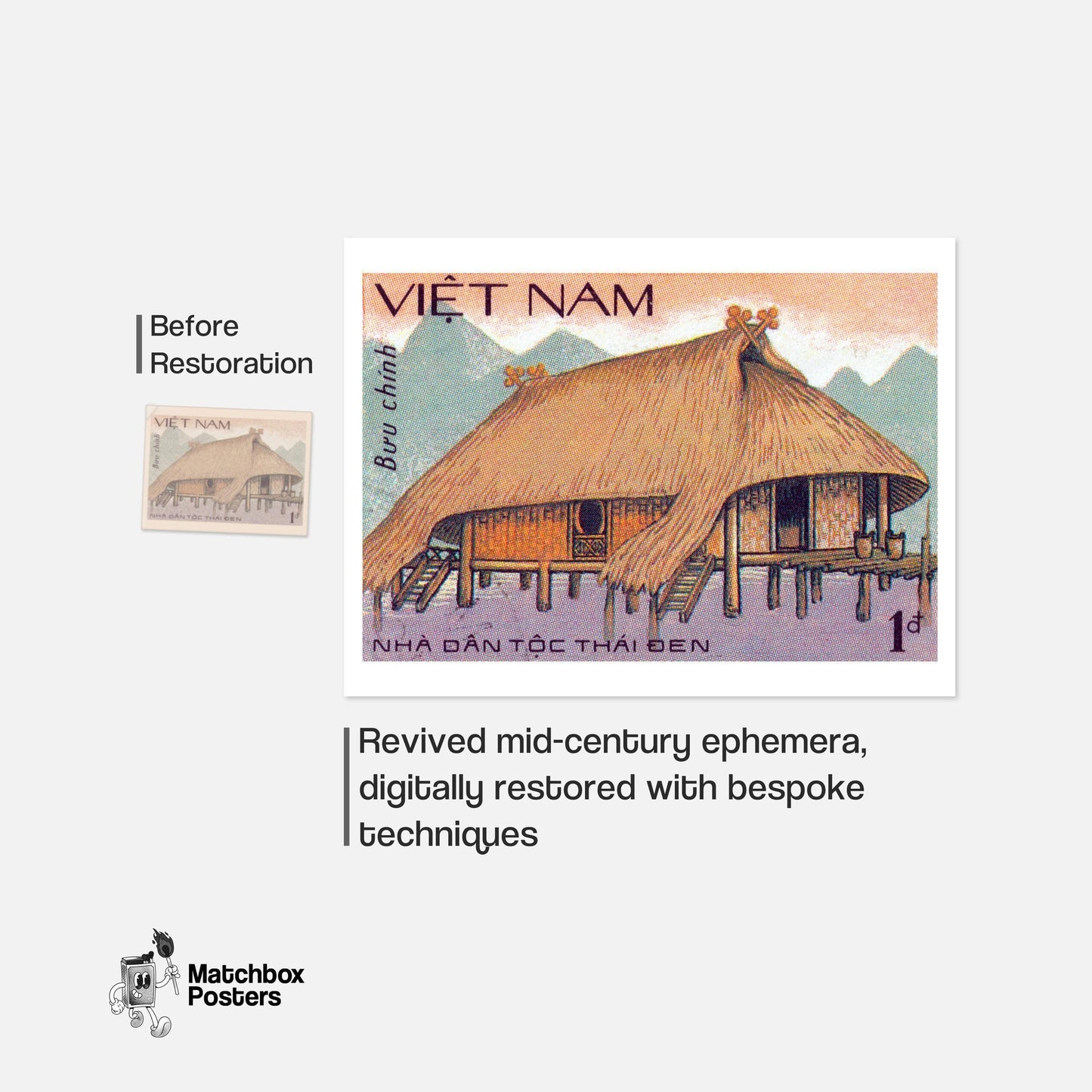 Traditional Vietnamese Stilt House - vintage matchbox label print - framed wall art preview