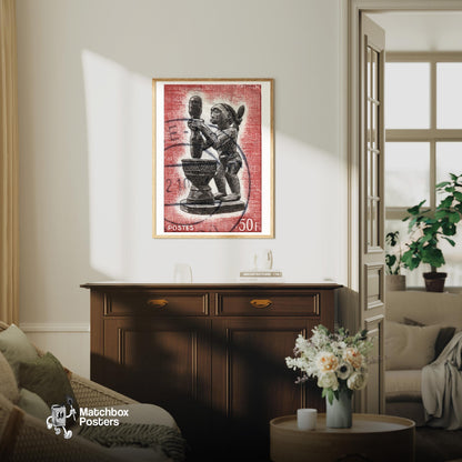 African Statue Holding A Drum - vintage matchbox label print - living room mockup