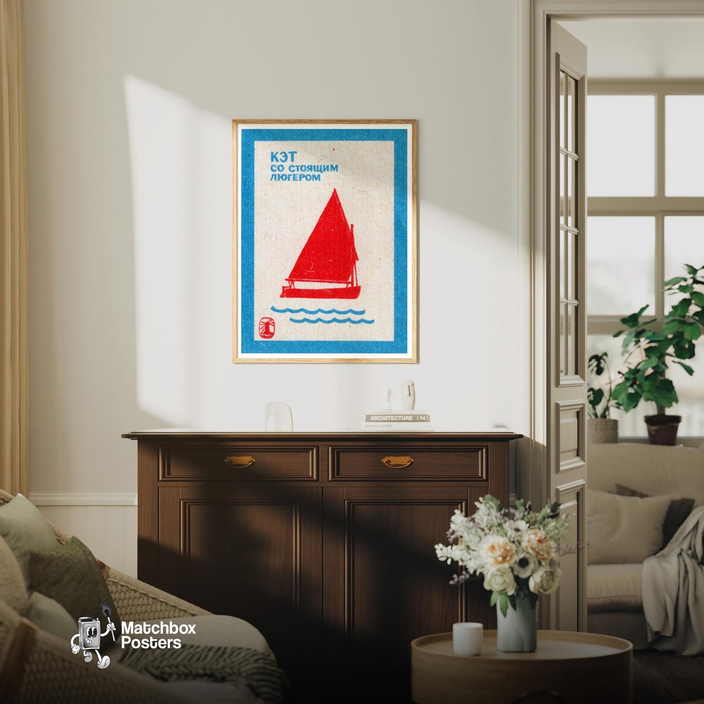 Red Sailboat - vintage matchbox label print - living room mockup