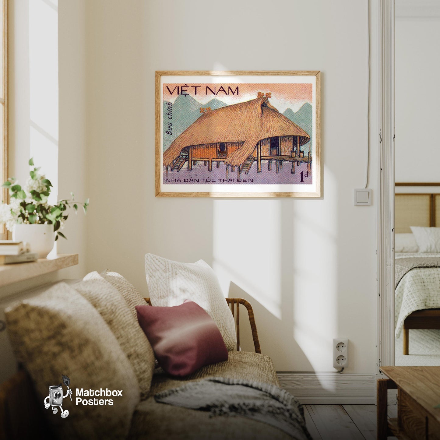Traditional Vietnamese Stilt House - vintage matchbox label print - living room mockup