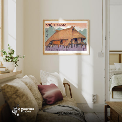 Traditional Vietnamese Stilt House - vintage matchbox label print - living room mockup