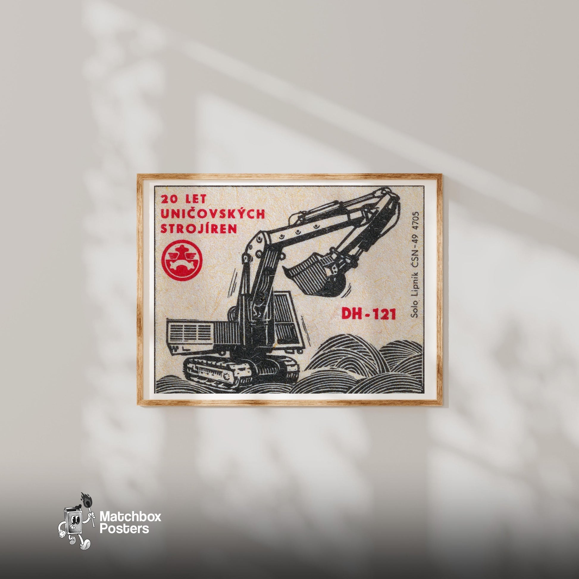 Excavator - vintage matchbox label print - bedroom mockup