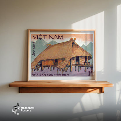 Traditional Vietnamese Stilt House - vintage matchbox label print - size comparison
