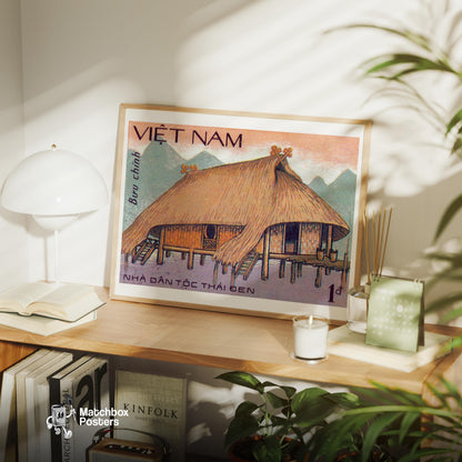 Traditional Vietnamese Stilt House - vintage matchbox label print - office wall