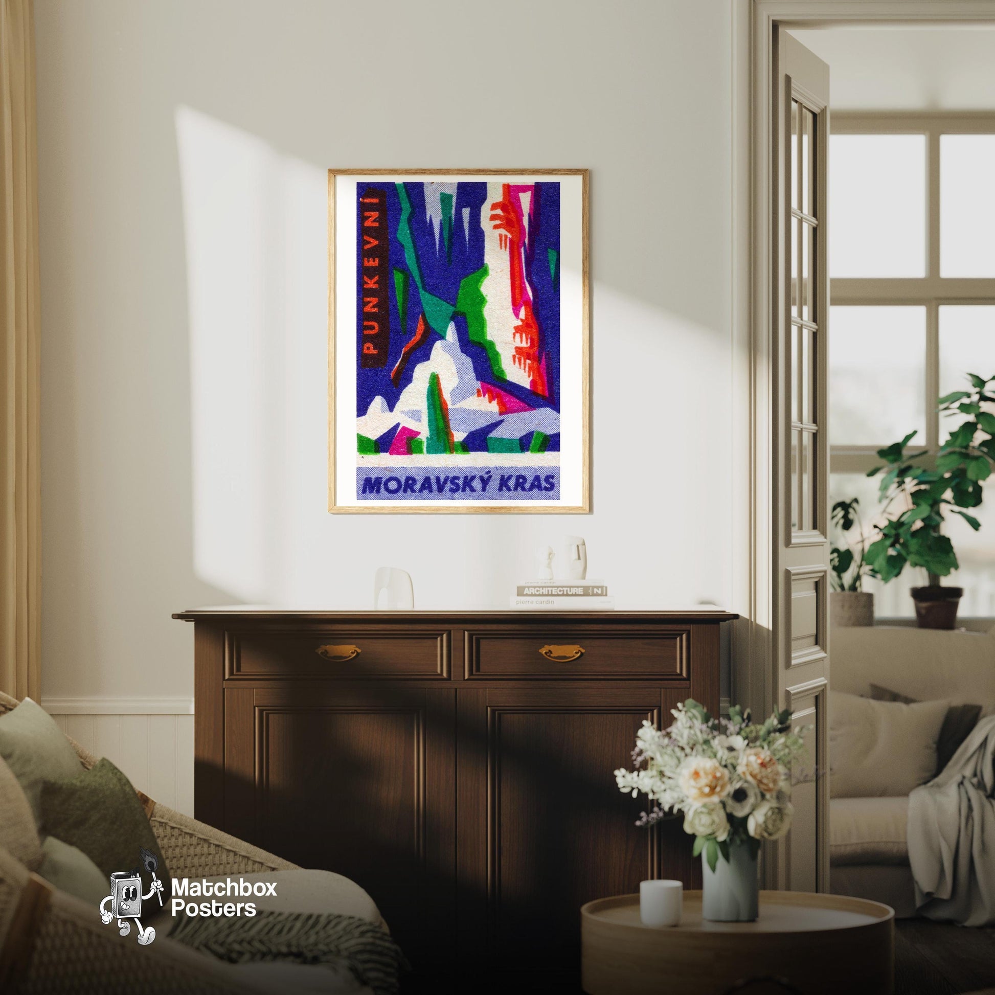 Cave Stalagmites and Stalactites - vintage matchbox label print - living room mockup