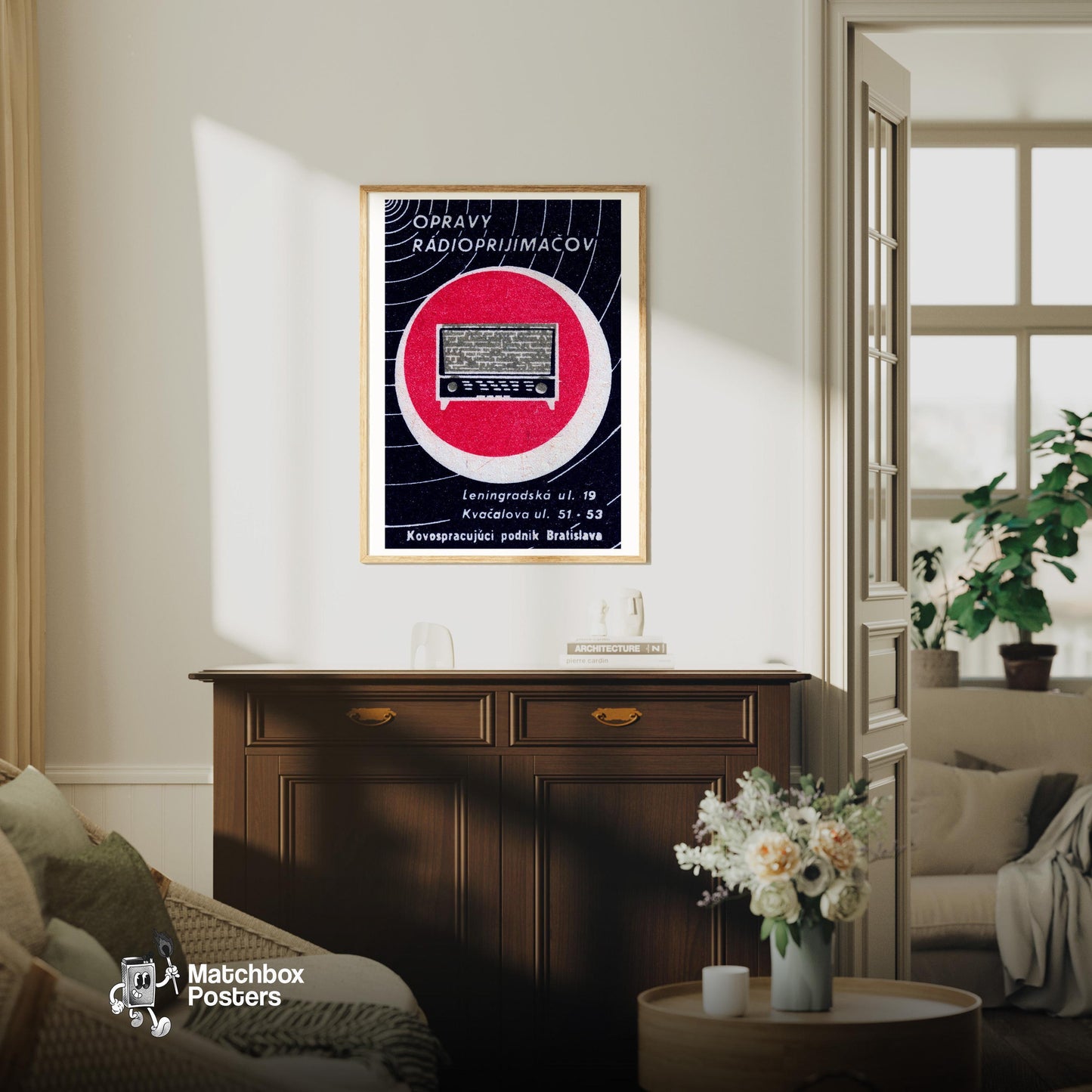 Vintage Radio - vintage matchbox label print - living room mockup