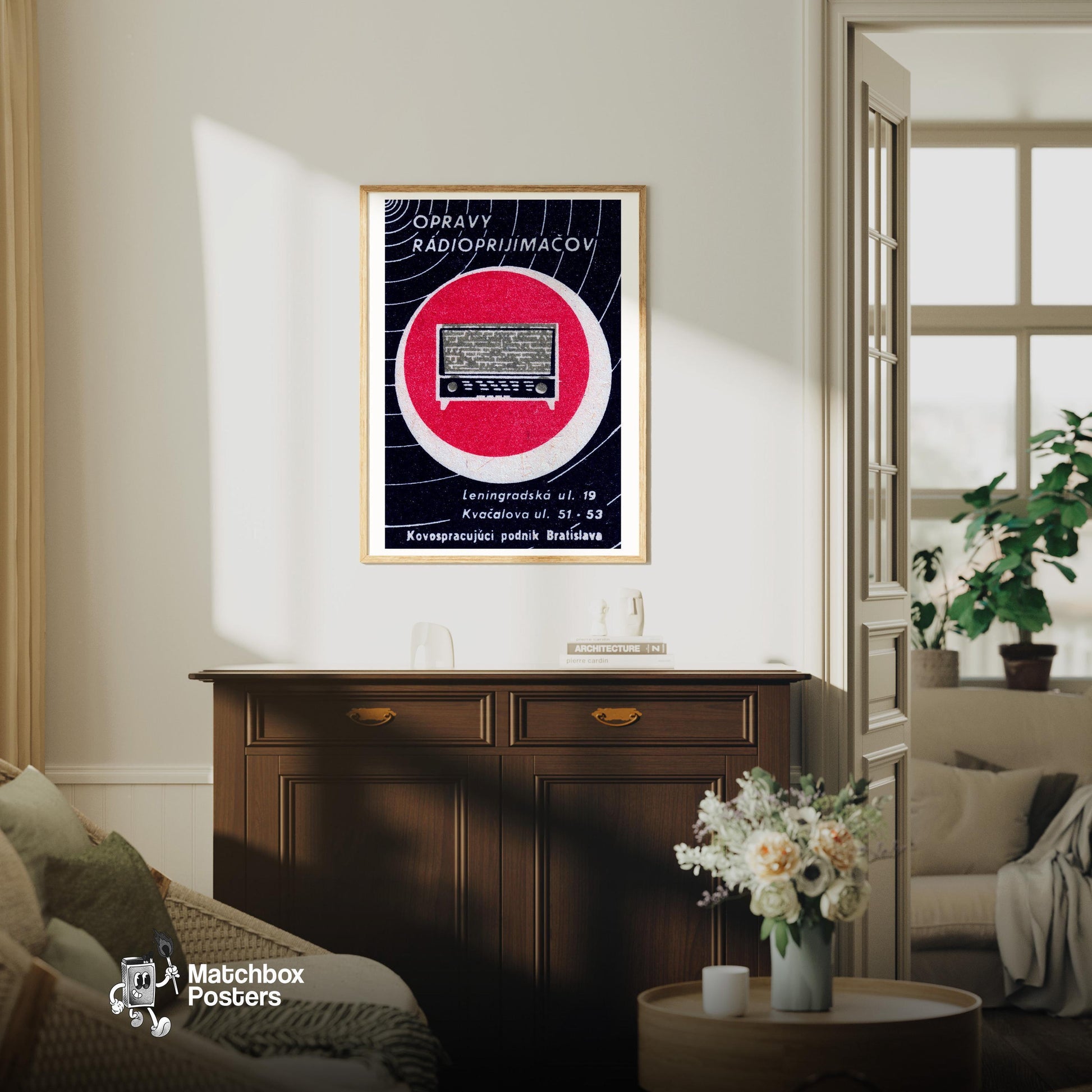 Vintage Radio - vintage matchbox label print - living room mockup