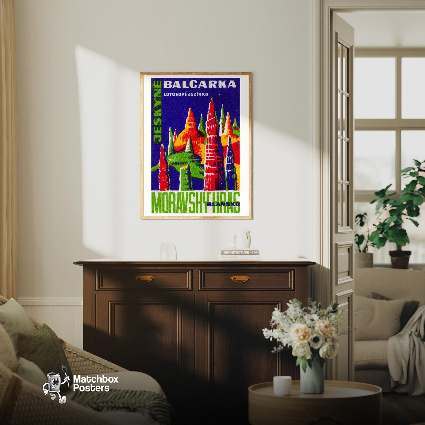 Cave Stalagmites - vintage matchbox label print - living room mockup