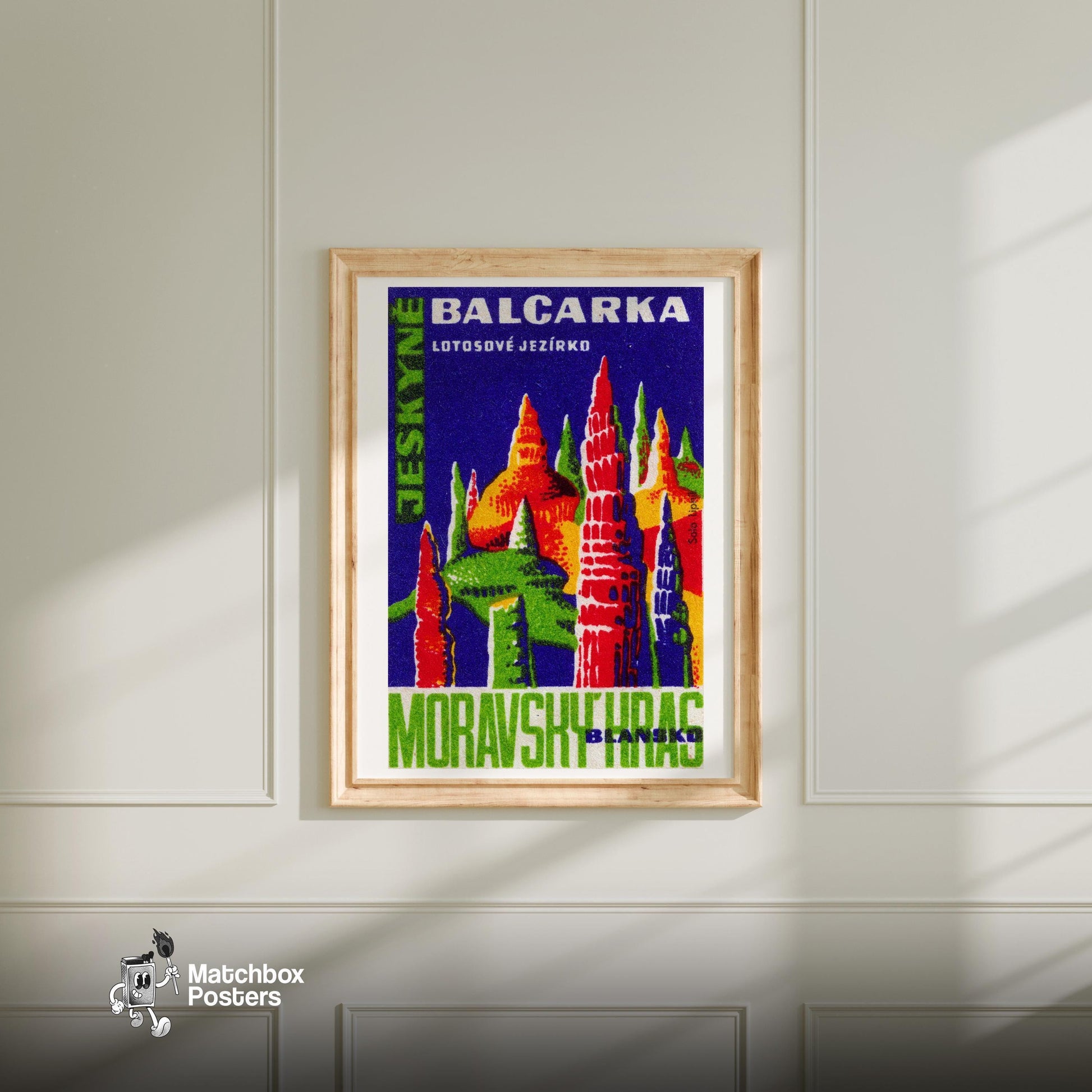 Cave Stalagmites - vintage matchbox label print - bedroom mockup