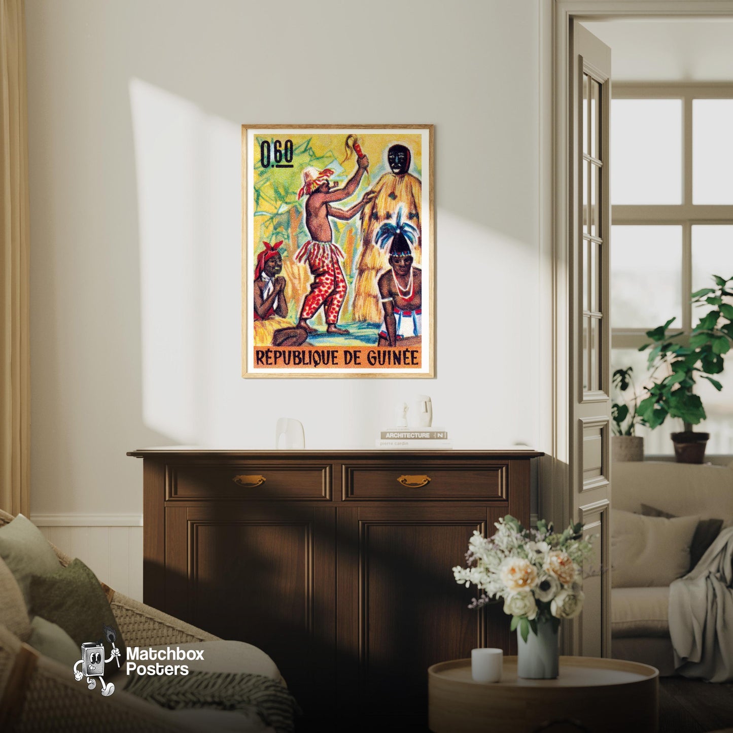 Tribal Ceremony - vintage matchbox label print - living room mockup