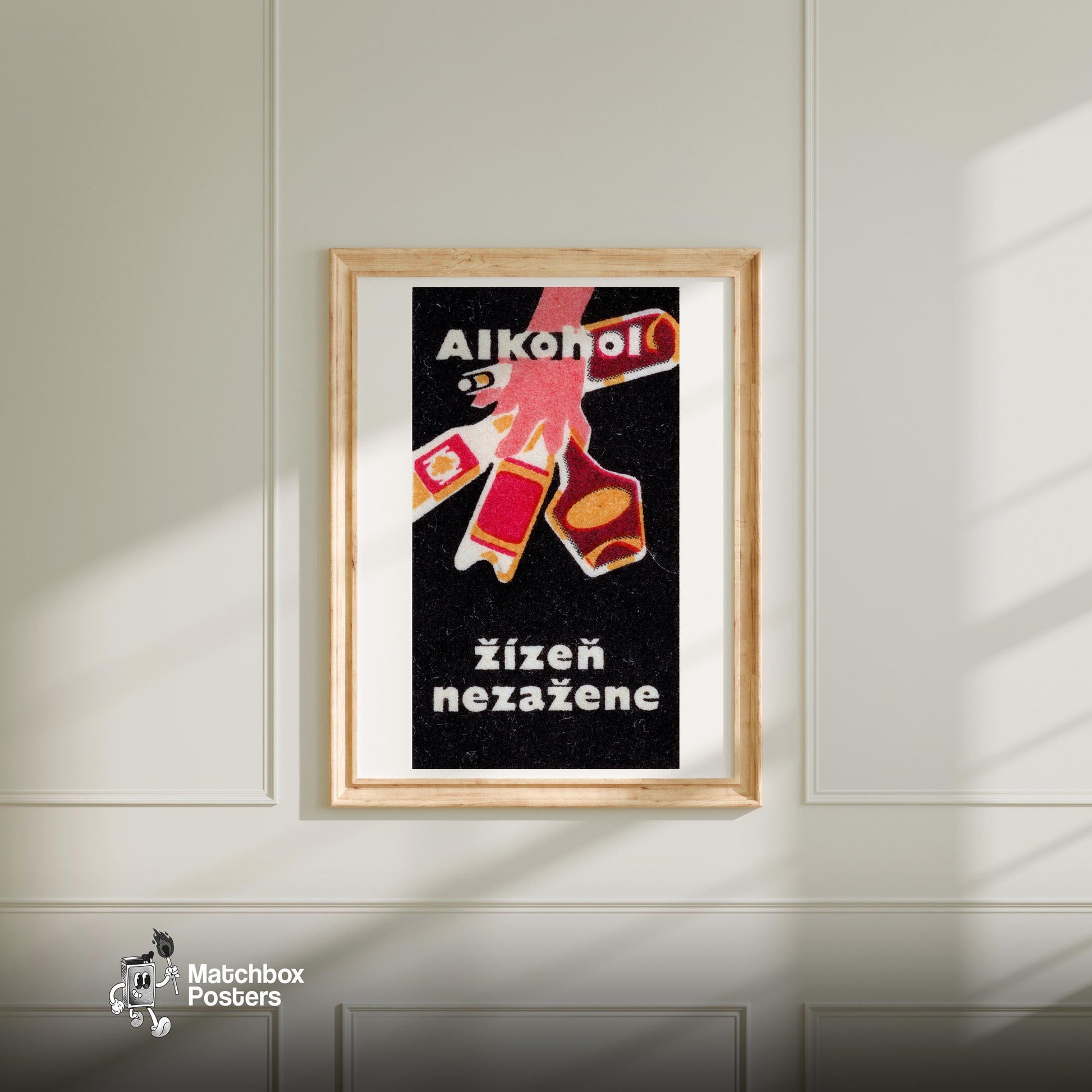 Hand Holding Alcohol Bottles - vintage matchbox label print - bedroom mockup