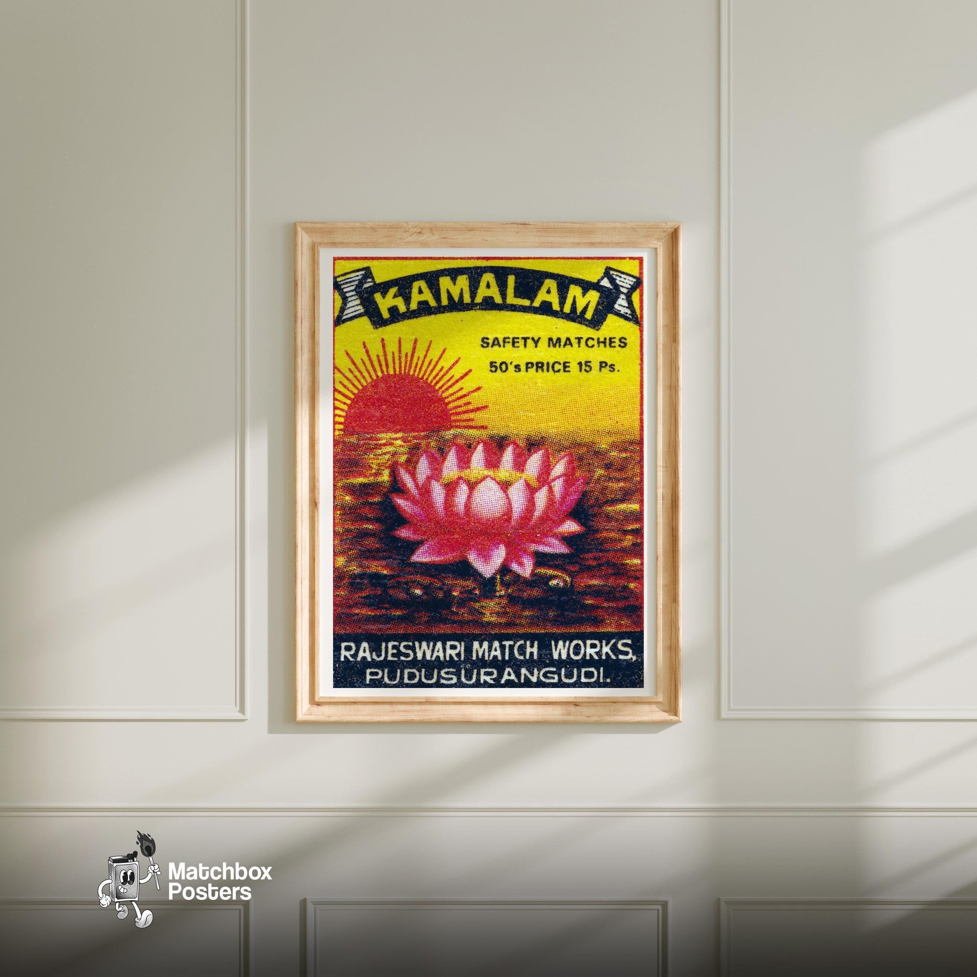 Pink Lotus - vintage matchbox label print - bedroom mockup