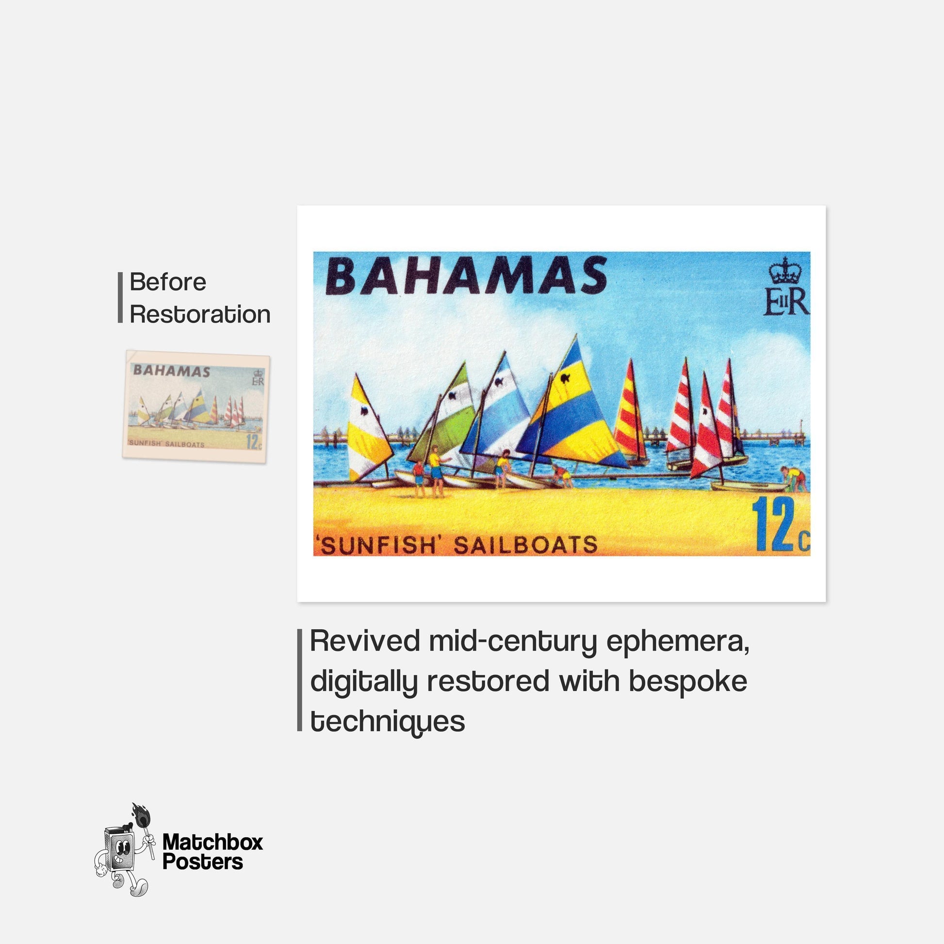 Colorful Sailboats - vintage matchbox label print - framed wall art preview