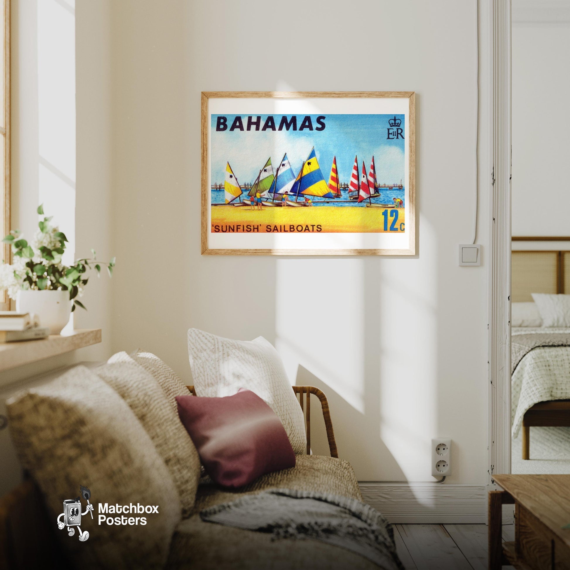 Colorful Sailboats - vintage matchbox label print - living room mockup
