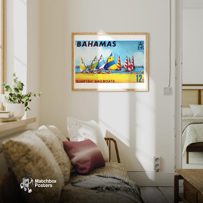 Colorful Sailboats - vintage matchbox label print - living room mockup