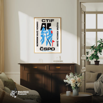 Blue Silhouette Of A Firefighter - vintage matchbox label print - living room mockup