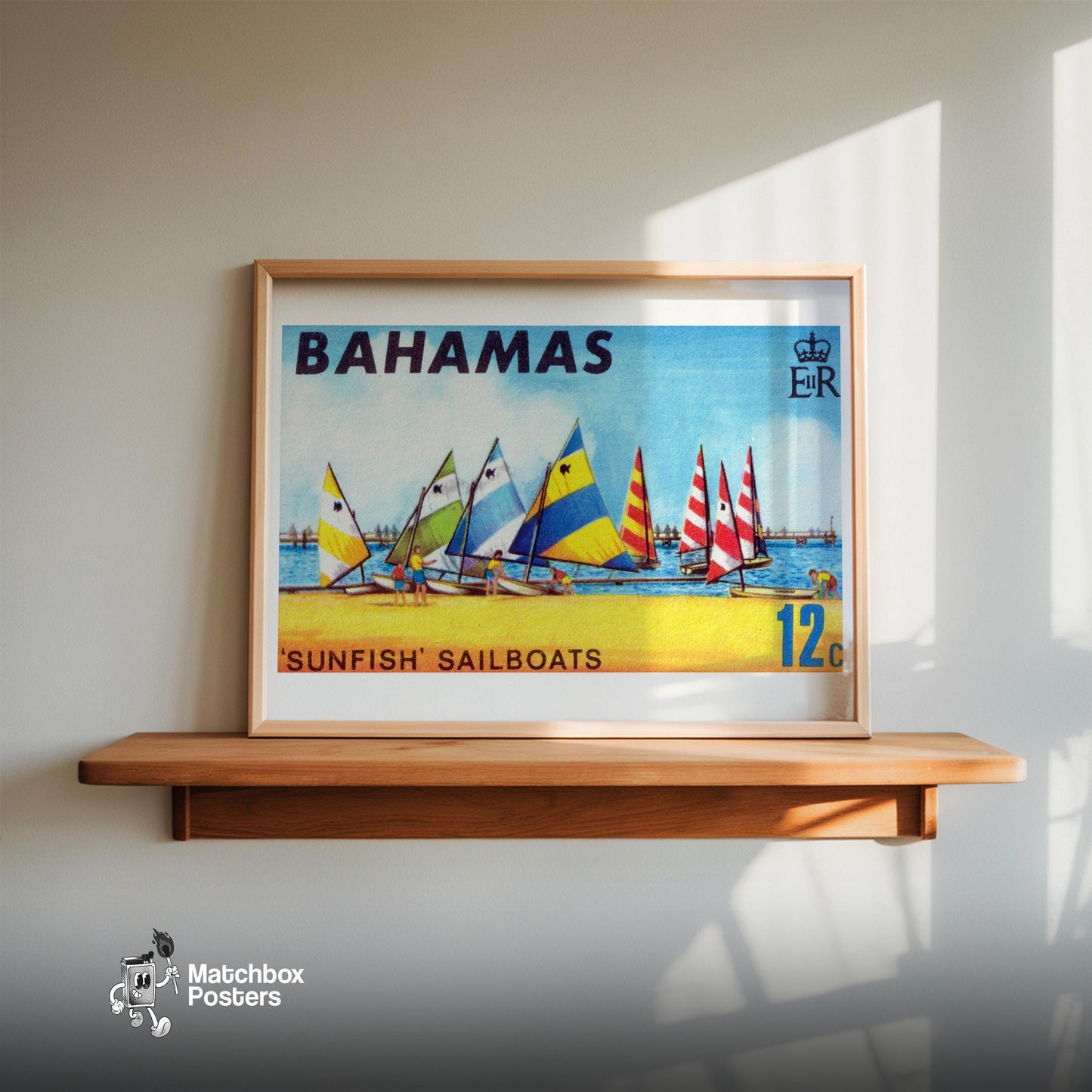 Colorful Sailboats - vintage matchbox label print - size comparison