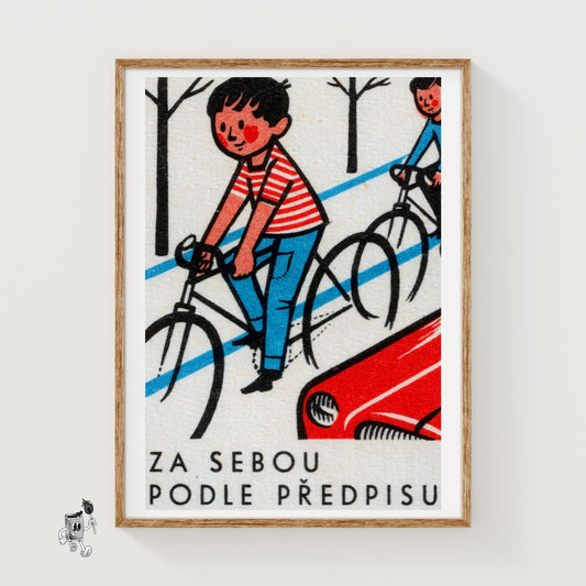 Boys Cycling - vintage matchbox label print
