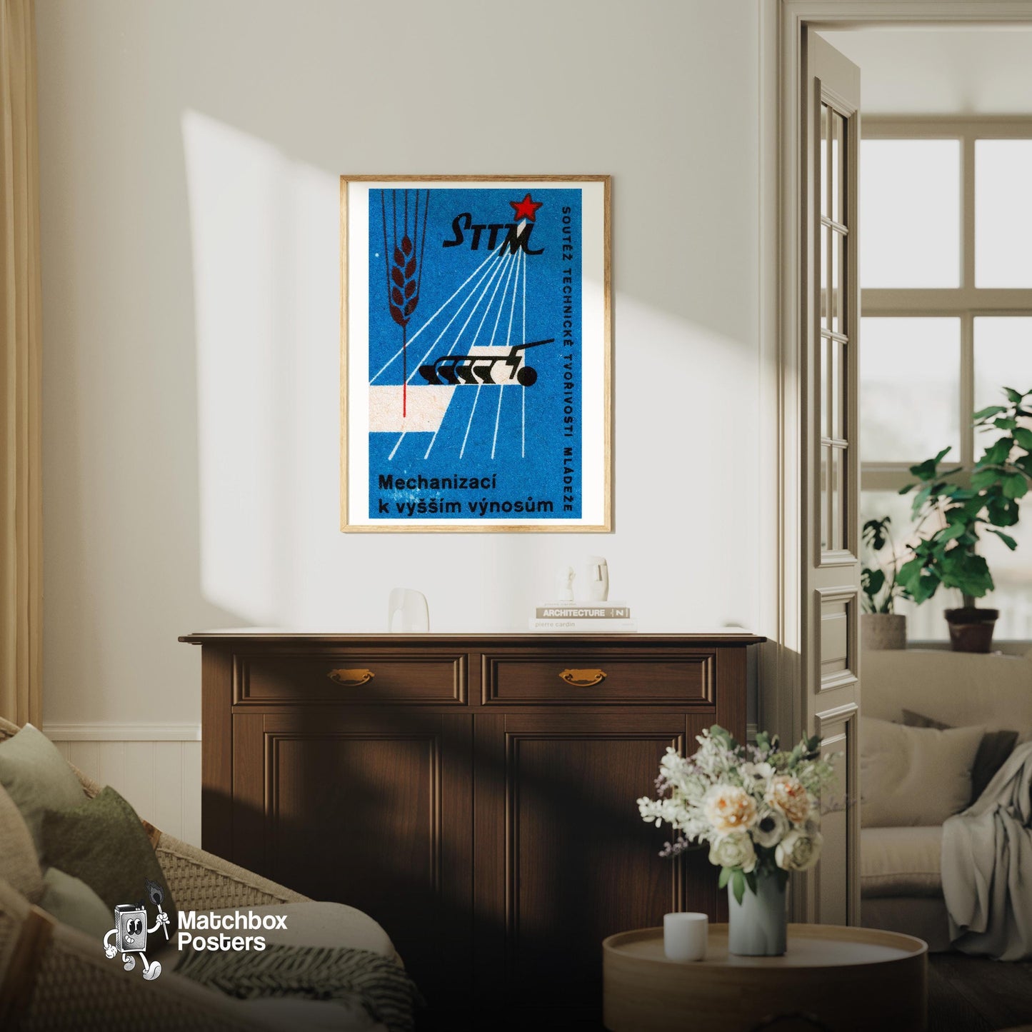 Stylized Design - vintage matchbox label print - living room mockup